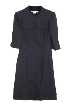 Black wool-blend band collar safari-style shirt dress
