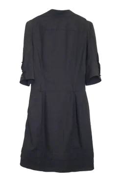 Black wool-blend band collar safari-style shirt dress
