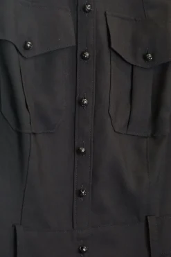 Black wool-blend band collar safari-style shirt dress