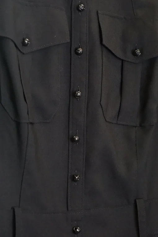Black wool-blend band collar safari-style shirt dress