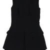 Black wool-blend bi-layer sleeveless apron-style sheath dress with slanted double-jet hip flap pockets
