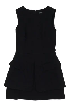Black wool-blend bi-layer sleeveless apron-style sheath dress with slanted double-jet hip flap pockets