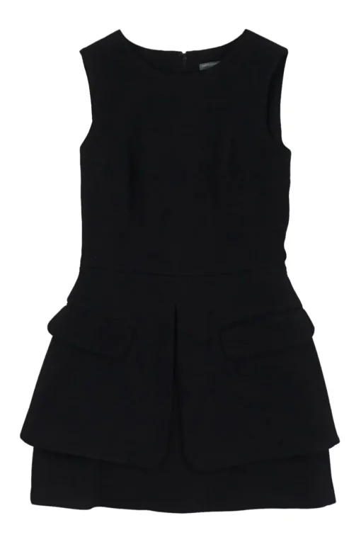 Black wool-blend bi-layer sleeveless apron-style sheath dress with slanted double-jet hip flap pockets