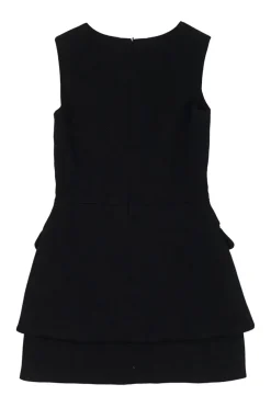 Black wool-blend bi-layer sleeveless apron-style sheath dress with slanted double-jet hip flap pockets