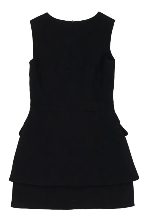 Black wool-blend bi-layer sleeveless apron-style sheath dress with slanted double-jet hip flap pockets