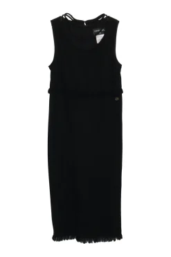 Black wool-blend bouclé fringe tweed sleeveless shift sack dress with twist rope cord trim details