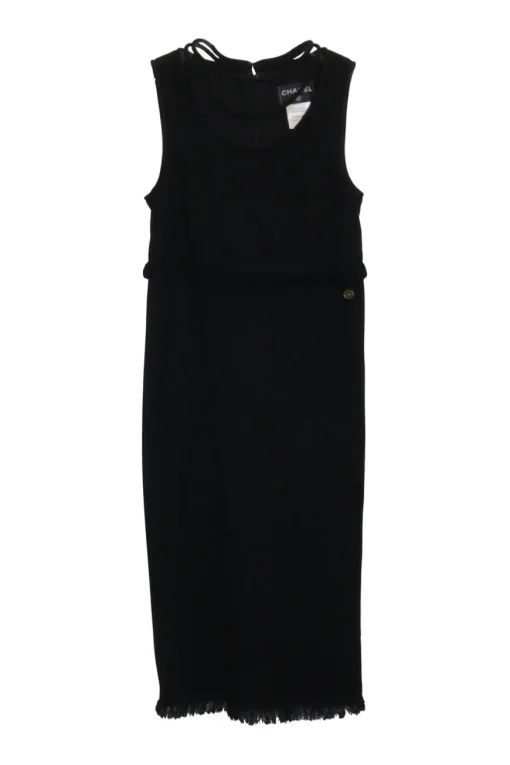 Black wool-blend bouclé fringe tweed sleeveless shift sack dress with twist rope cord trim details