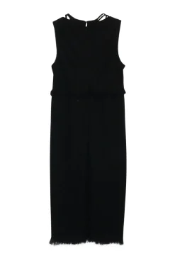 Black wool-blend bouclé fringe tweed sleeveless shift sack dress with twist rope cord trim details