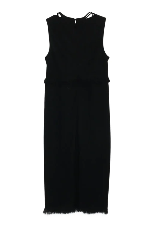 Black wool-blend bouclé fringe tweed sleeveless shift sack dress with twist rope cord trim details