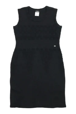 Black wool-blend bouclé knit sleeveless sheath dress