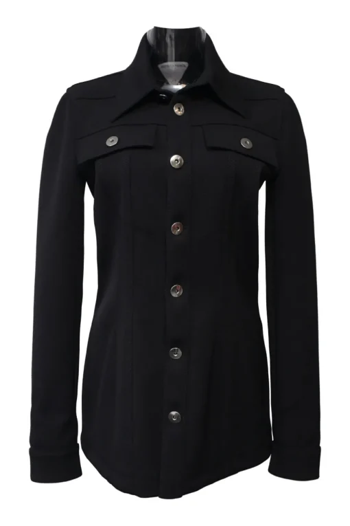 Black wool-blend dagger collar button-front shirt