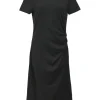 Black wool-blend jersey knit short sleeve ruched T-shirt dress with side slit detail