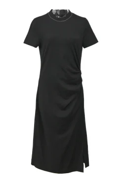 Black wool-blend jersey knit short sleeve ruched T-shirt dress with side slit detail