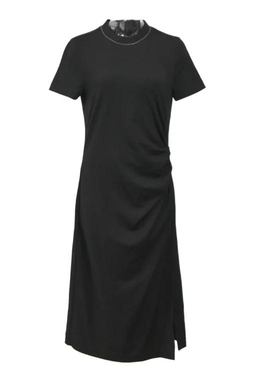 Black wool-blend jersey knit short sleeve ruched T-shirt dress with side slit detail