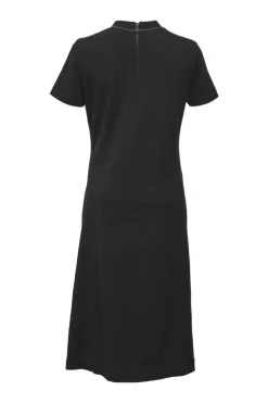 Black wool-blend jersey knit short sleeve ruched T-shirt dress with side slit detail