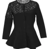 Black wool-blend knit lace yoke long-sleeved peplum cardigan