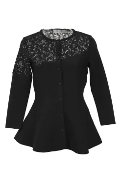 Black wool-blend knit lace yoke long-sleeved peplum cardigan