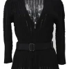 Black wool-blend plissé knit plunge neck long sleeve belted top