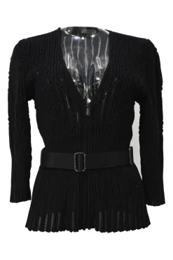 Black wool-blend plissé knit plunge neck long sleeve belted top