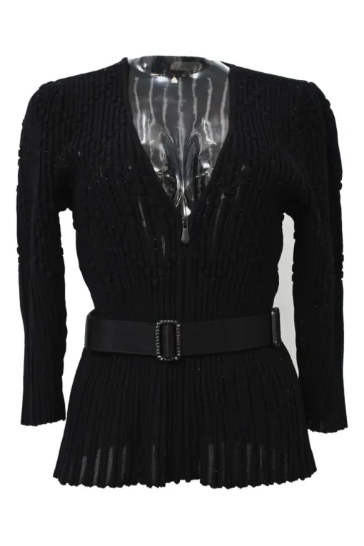 Black wool-blend plissé knit plunge neck long sleeve belted top