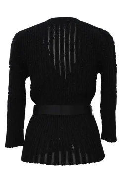 Black wool-blend plissé knit plunge neck long sleeve belted top