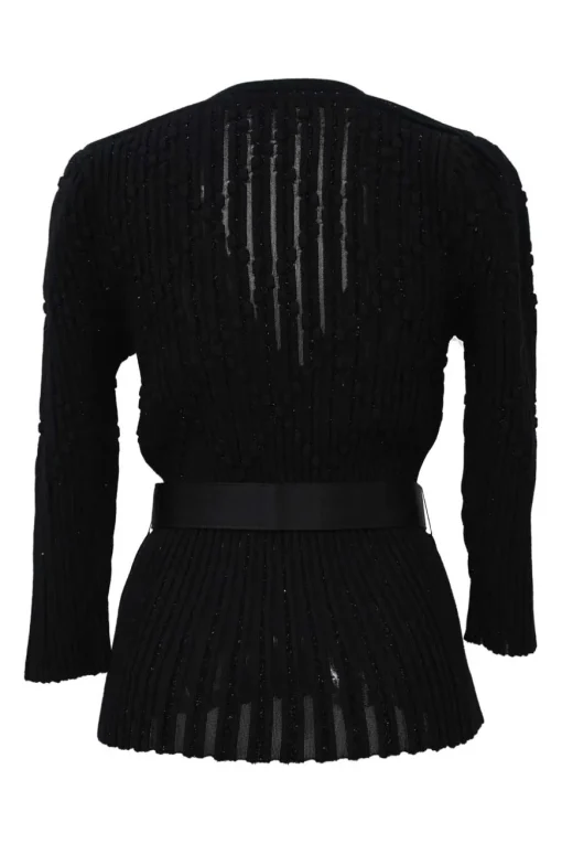 Black wool-blend plissé knit plunge neck long sleeve belted top