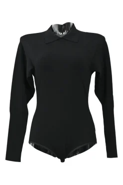 Black wool-blend ponte knit spread collar bodysuit