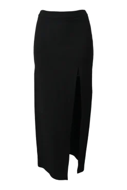 Black wool-blend pull-on high-rise side-slit midi skirt