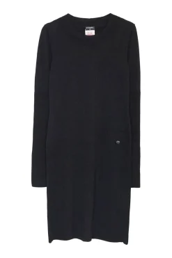 Black wool-blend pullover long sleeve glitter knit dress with ribbed collar, cuffs, and hem