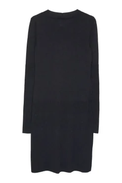 Black wool-blend pullover long sleeve glitter knit dress with ribbed collar, cuffs, and hem