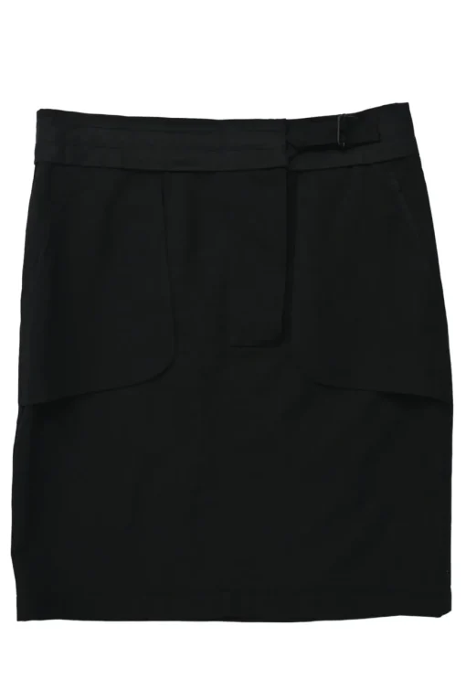 Black wool-blend pull-tab belt pencil skirt with hip patch pockets