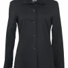 Black wool-blend spread collar button-front blouse