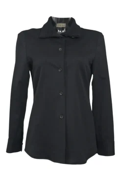 Black wool-blend spread collar button-front blouse