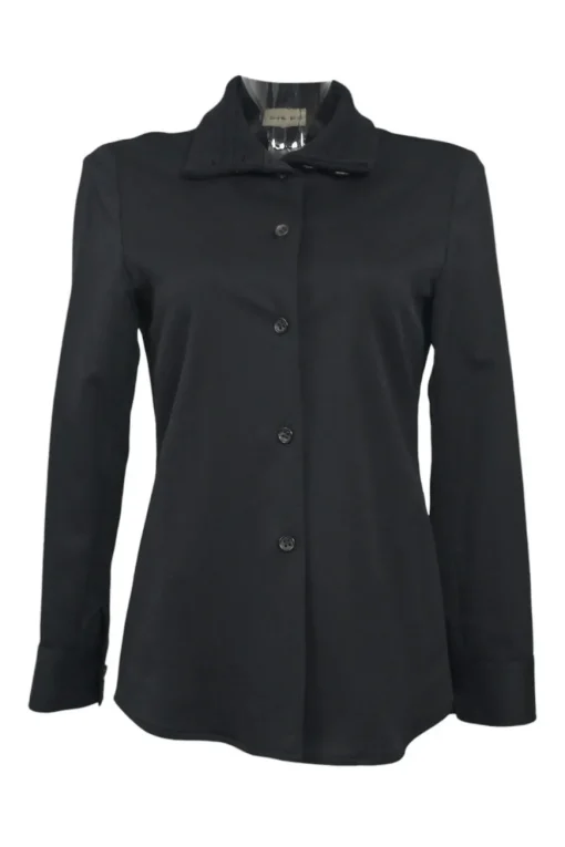 Black wool-blend spread collar button-front blouse
