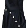 Black wool-blend strapless mini dress with crystal button embellishments at front
