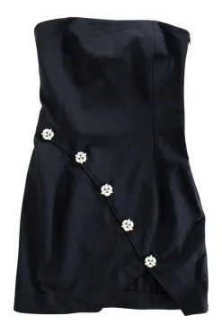 Black wool-blend strapless mini dress with crystal button embellishments at front