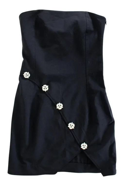 Black wool-blend strapless mini dress with crystal button embellishments at front