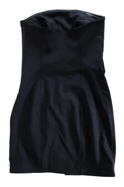 Black wool-blend strapless mini dress with crystal button embellishments at front