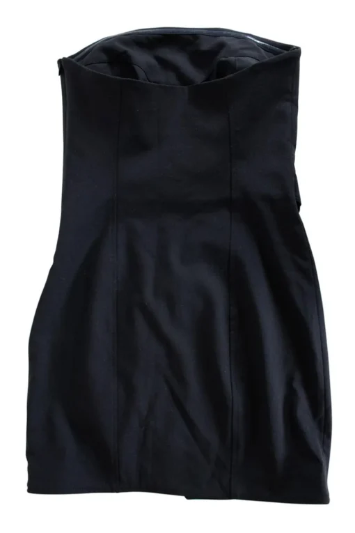 Black wool-blend strapless mini dress with crystal button embellishments at front