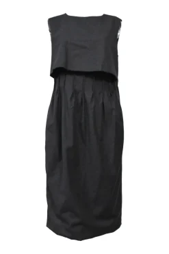 Black wool-cashmere blend bi-layer effect sleeveless sheath dress with tuck-pleat detailing