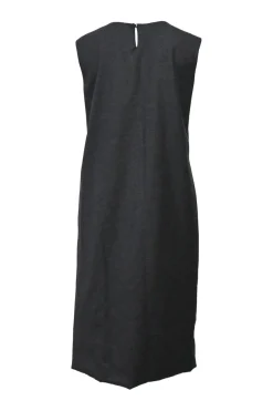 Black wool-cashmere blend bi-layer effect sleeveless sheath dress with tuck-pleat detailing