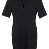 Black wool-silk blend crêpe zip front short sleeve sheath dress