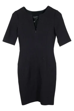 Black wool-silk blend crêpe zip front short sleeve sheath dress