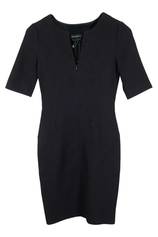 Black wool-silk blend crêpe zip front short sleeve sheath dress