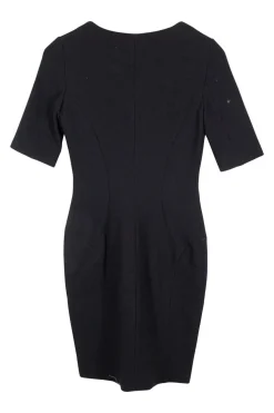 Black wool-silk blend crêpe zip front short sleeve sheath dress