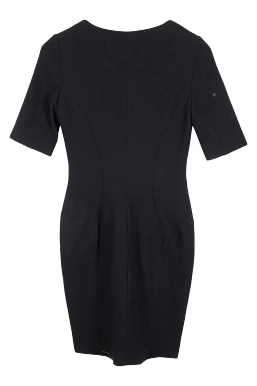 Black wool-silk blend crêpe zip front short sleeve sheath dress