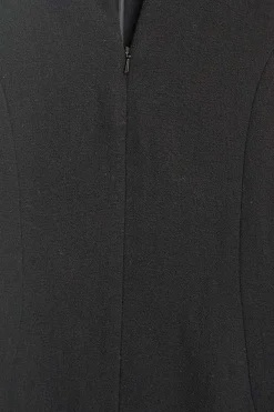 Black wool-silk blend crêpe zip front short sleeve sheath dress