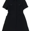 Black wool-silk blend point collar short sleeve safari-style A-line dress with signature slanted hip pockets