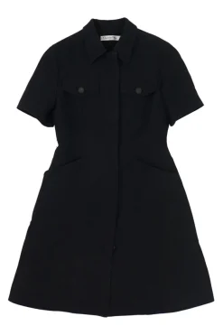 Black wool-silk blend point collar short sleeve safari-style A-line dress with signature slanted hip pockets