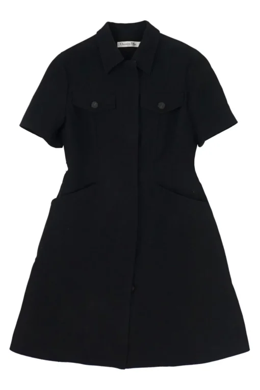 Black wool-silk blend point collar short sleeve safari-style A-line dress with signature slanted hip pockets